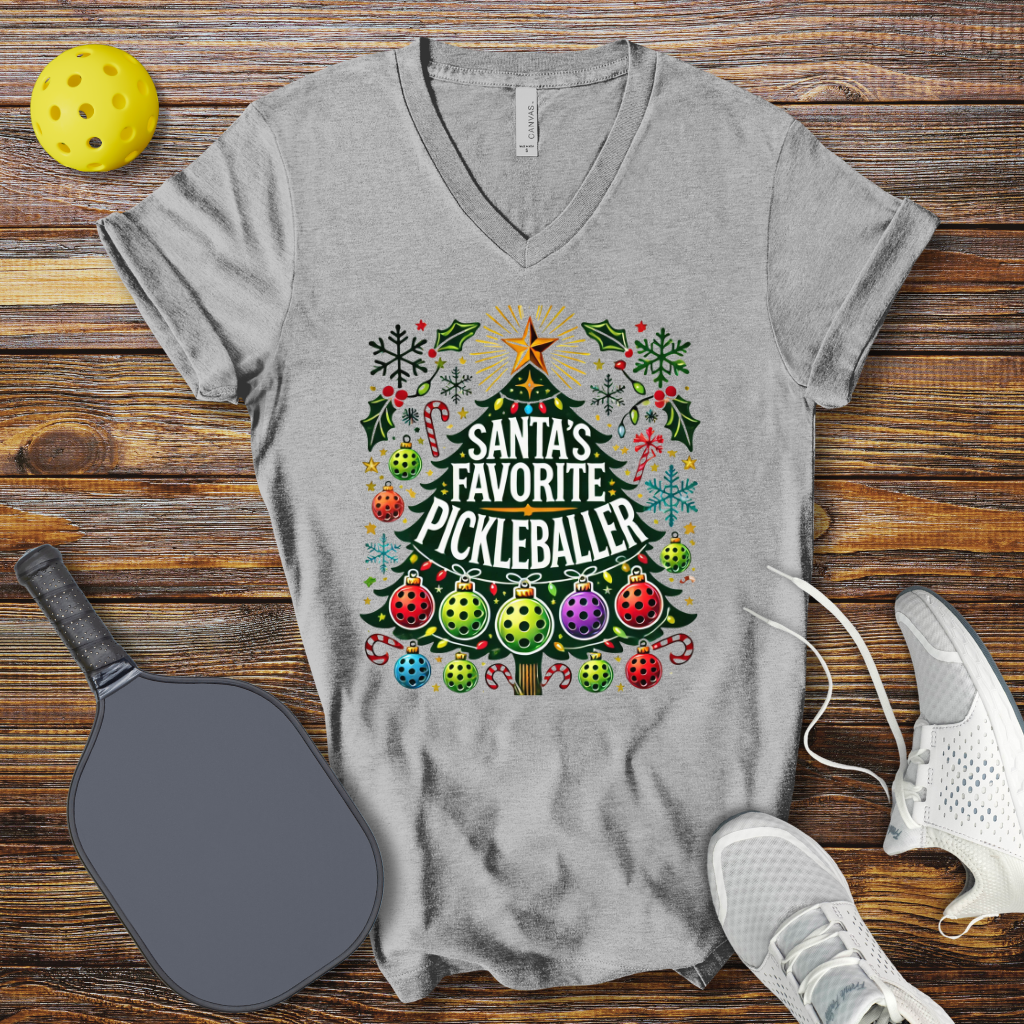 Santa's Favorite Pickleballer Christmas V-Neck T-shirt