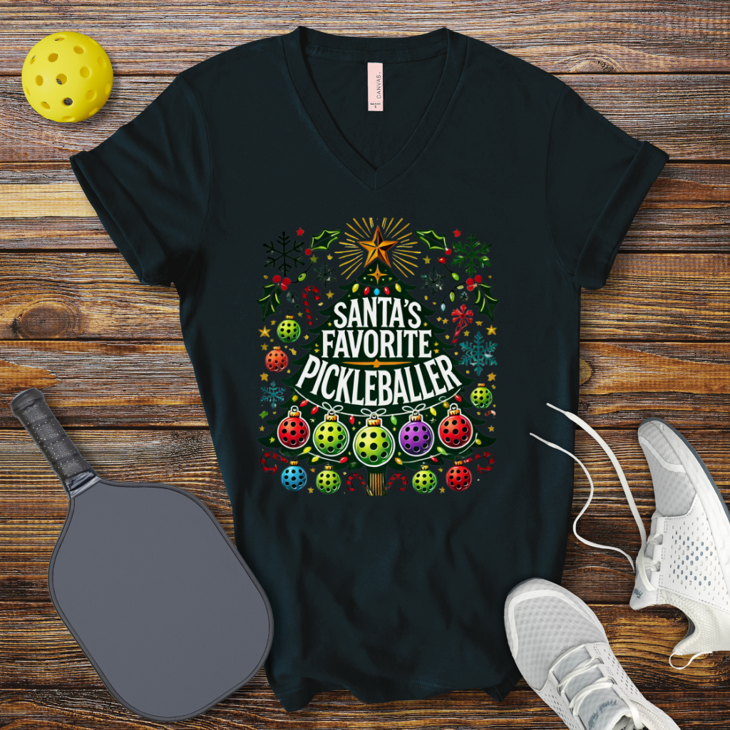 Santa's Favorite Pickleballer Christmas V-Neck T-shirt