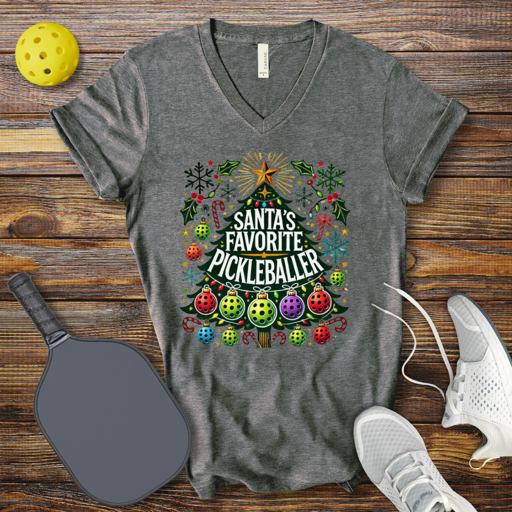 Santa's Favorite Pickleballer Christmas V-Neck T-shirt