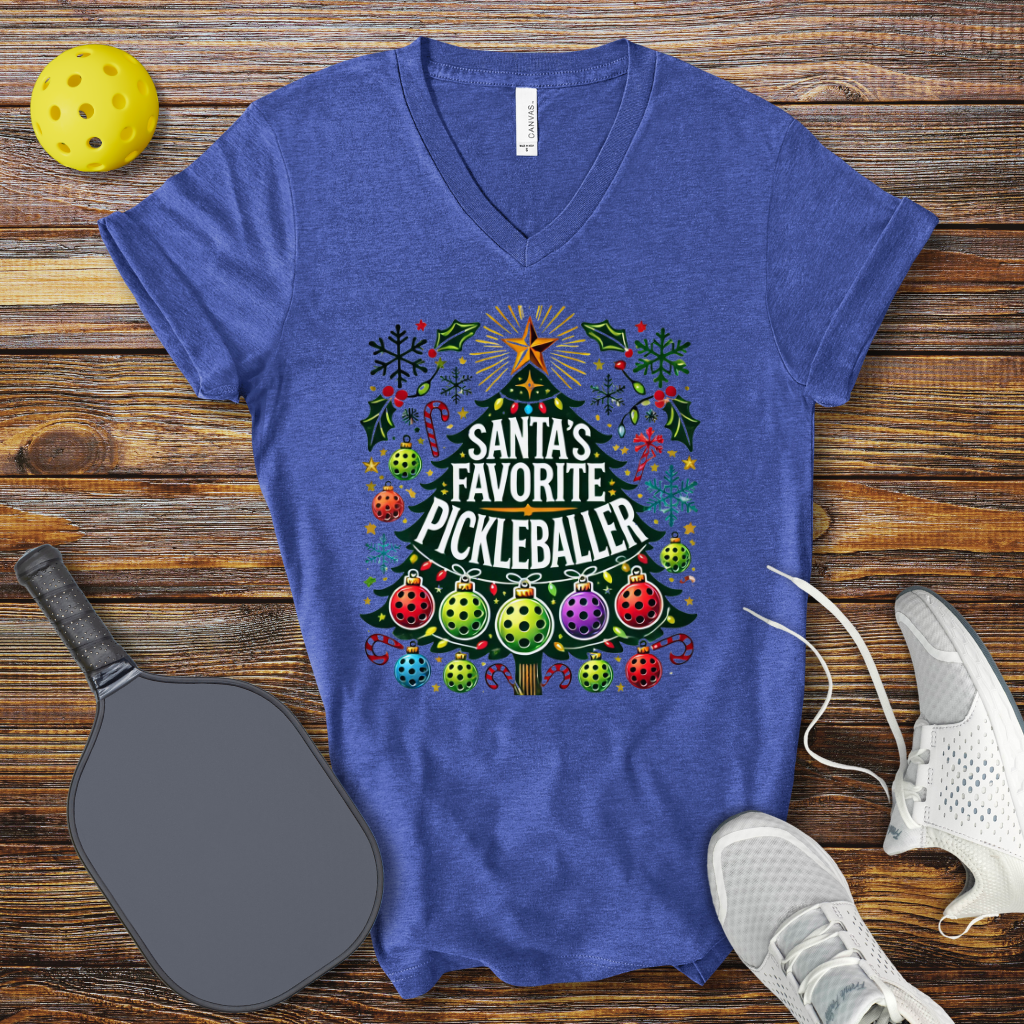 Santa's Favorite Pickleballer Christmas V-Neck T-shirt