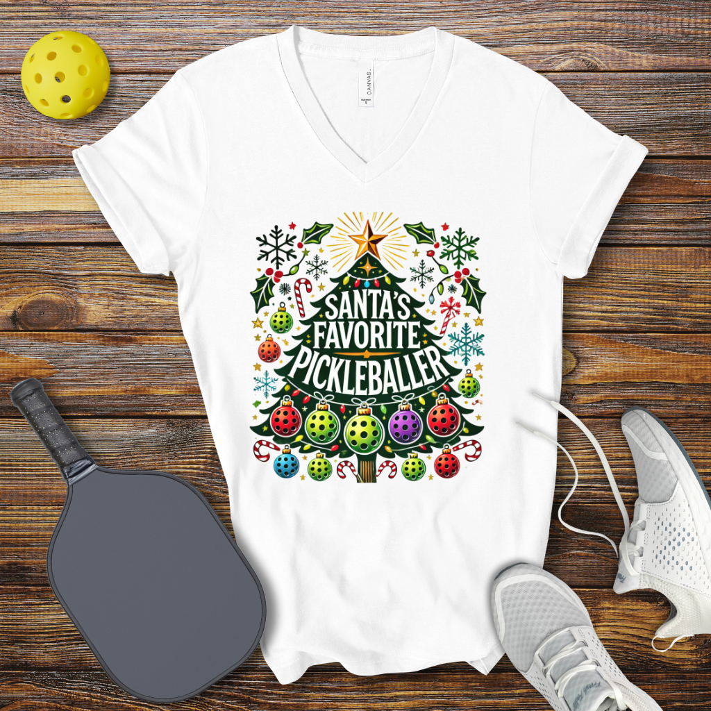 Santa's Favorite Pickleballer Christmas V-Neck T-shirt